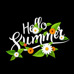 Hello summer lettering typography with flowers on white.