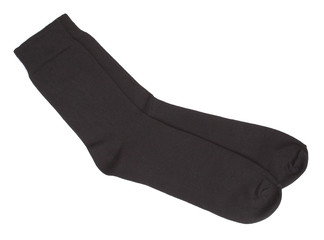Pair of black warm woolen men socks. Isolated on a white backgro