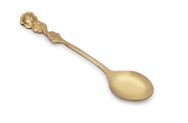 Vintage golden teaspoon with rich decorated handle in shape of r