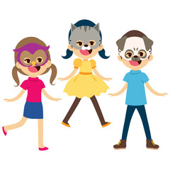 Three cute happy children wearing animal masks