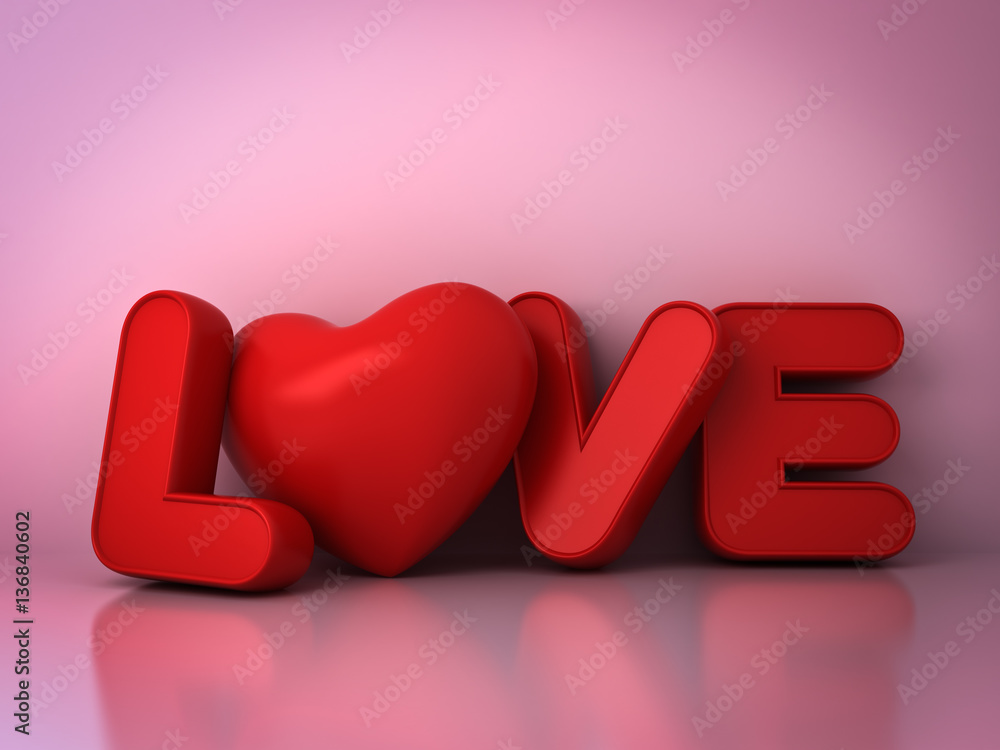 Poster 3d red love word concept with heart on pink background with shadow and reflection, valentines day ba