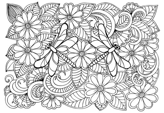 Black and white flowers and dragonflies pattern for adult colori