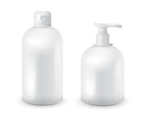 Realistic cosmetic bottle mock up set isolated pack on white background. Cosmetic brand template. Shampoo and soap pack.