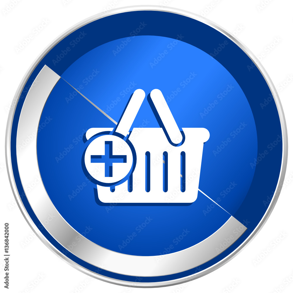 Poster Cart blue vector web icon. Metal shine silver chrome border round button isolated on white background. Circle modern design abstract sign for smartphone applications.