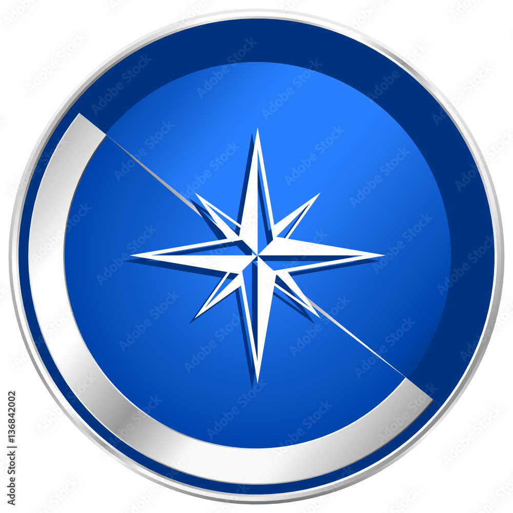 Poster compass blue vector web icon. metal shine silver chrome border round button isolated on white backgr