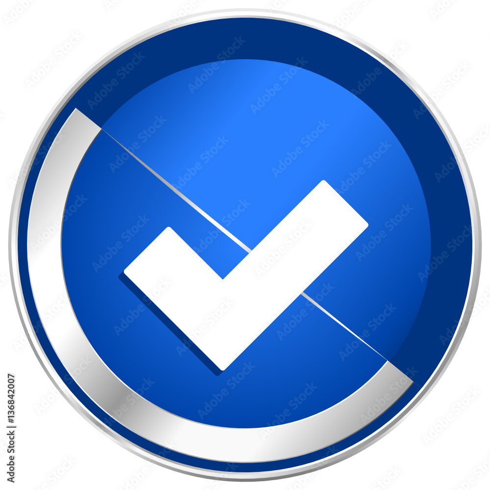 Poster accept blue vector web icon. metal shine silver chrome border round button isolated on white backgro
