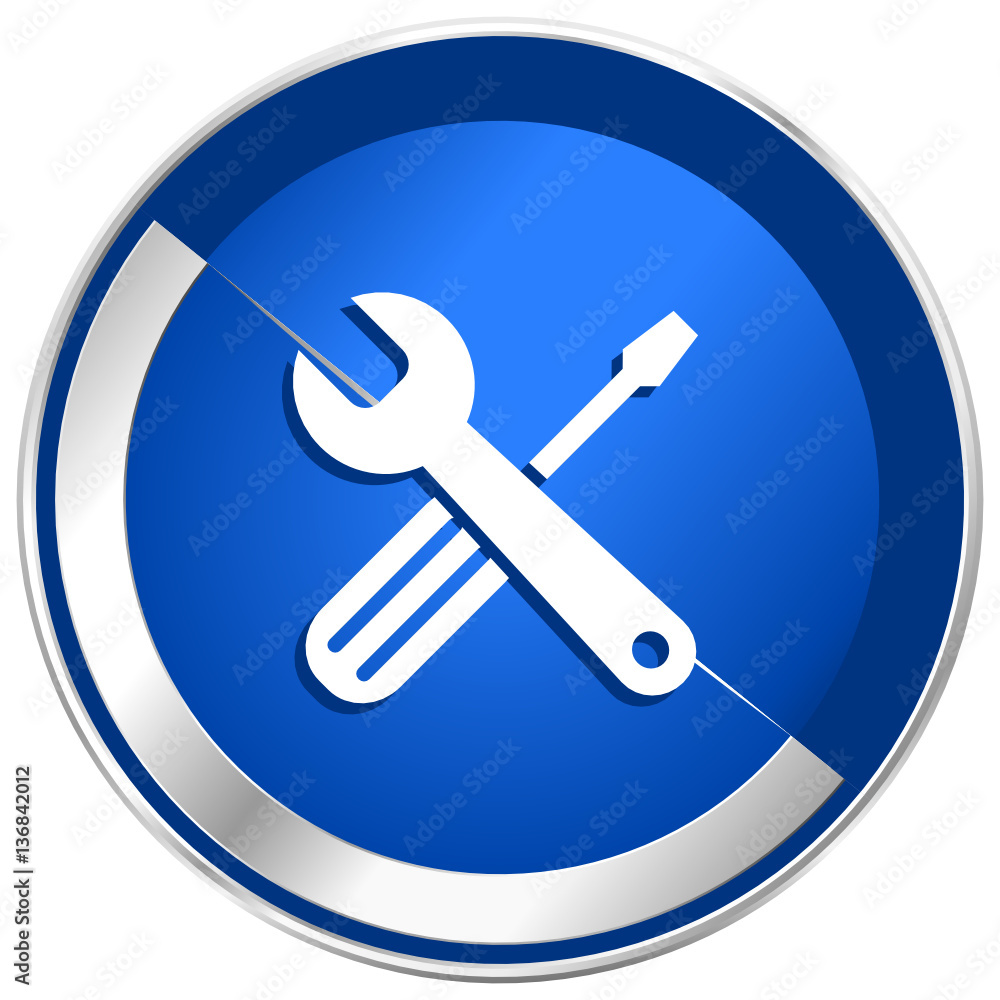 Poster Tools blue vector web icon. Metal shine silver chrome border round button isolated on white background. Circle modern design abstract sign for smartphone applications.