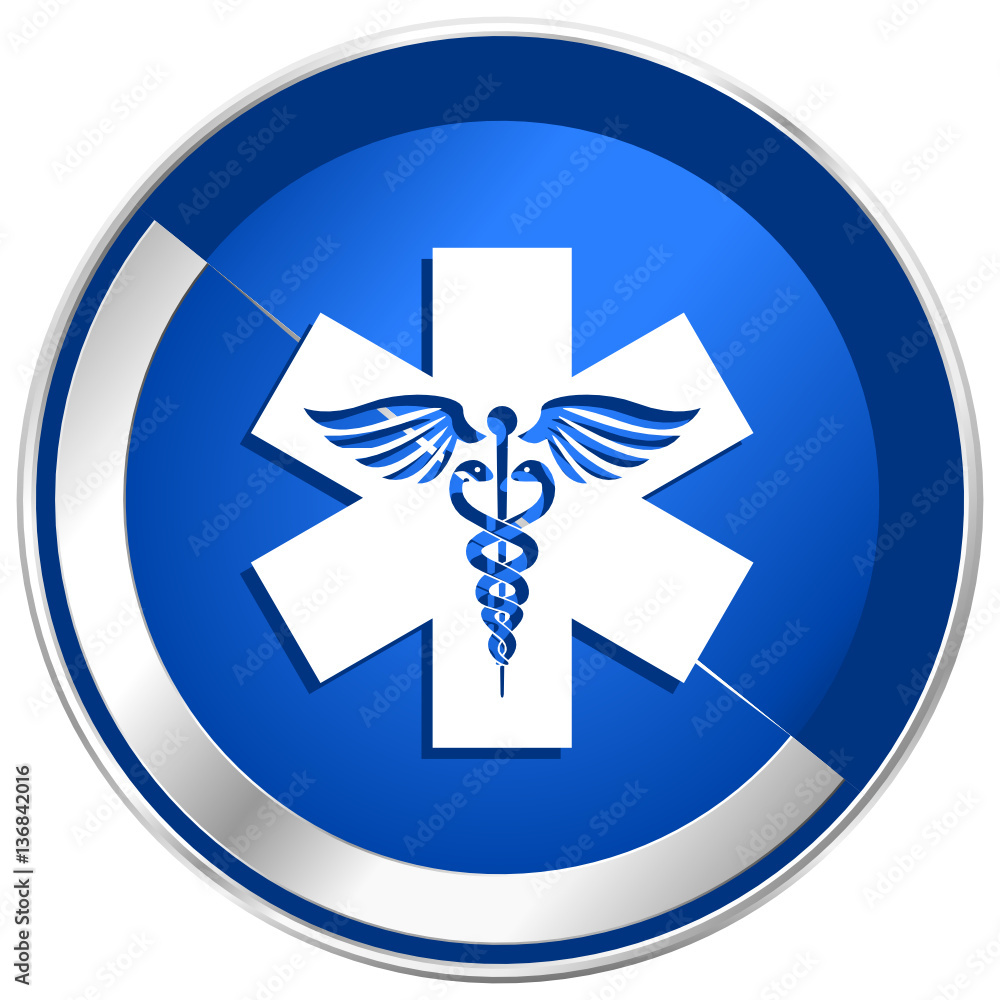 Fototapete emergency blue vector web icon. metal shine silver chrome border round button isolated on white back