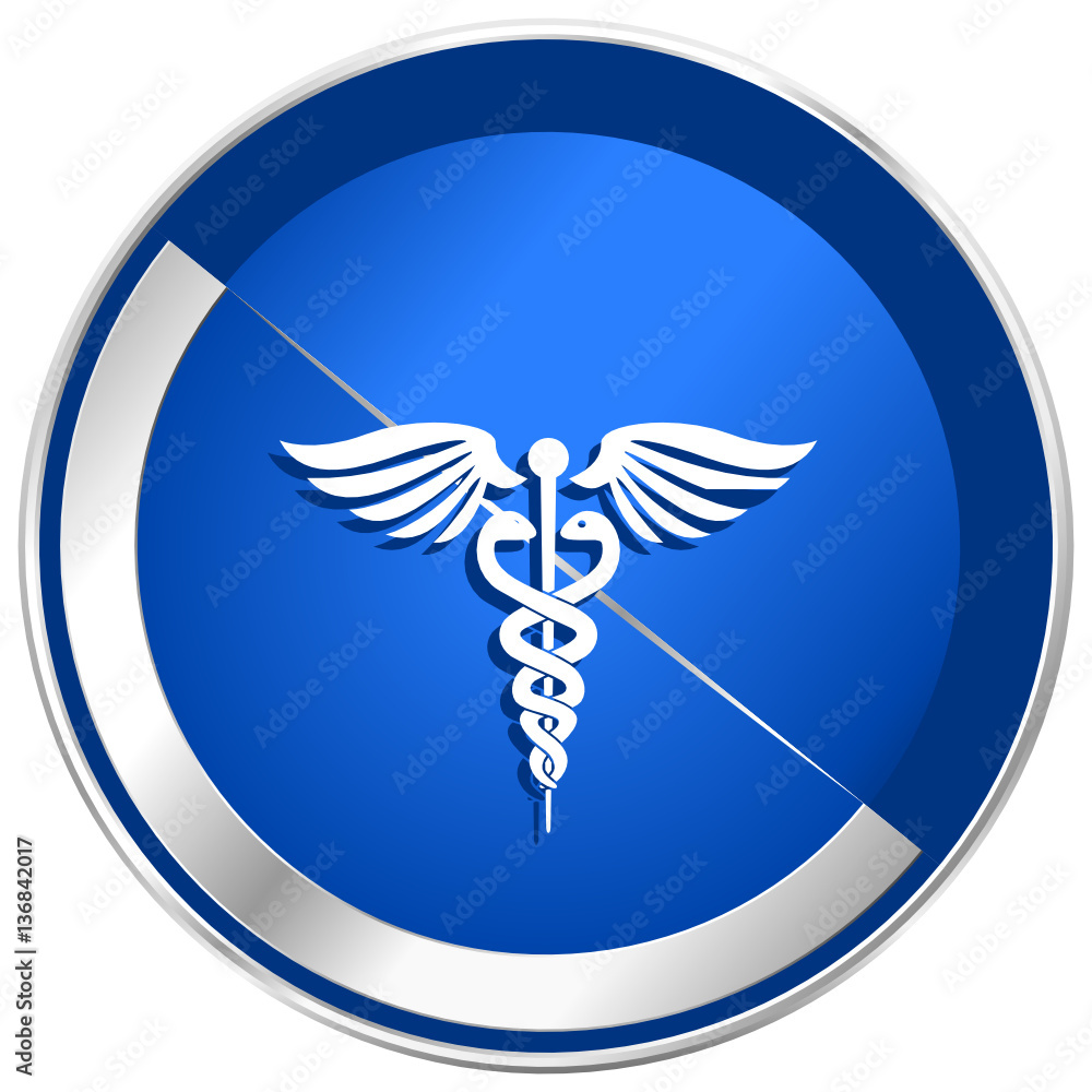 Aufkleber Emergency blue vector web icon. Metal shine silver chrome border round button isolated on white background. Circle modern design abstract sign for smartphone applications.