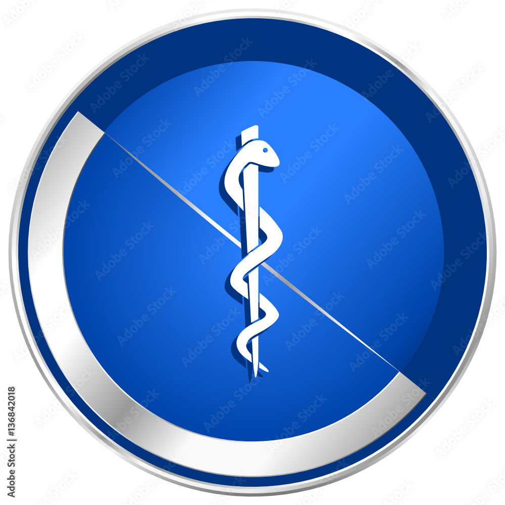 Aufkleber Emergency blue vector web icon. Metal shine silver chrome border round button isolated on white background. Circle modern design abstract sign for smartphone applications.