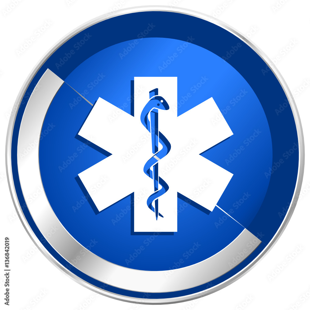 Poster Emergency blue vector web icon. Metal shine silver chrome border round button isolated on white background. Circle modern design abstract sign for smartphone applications.
