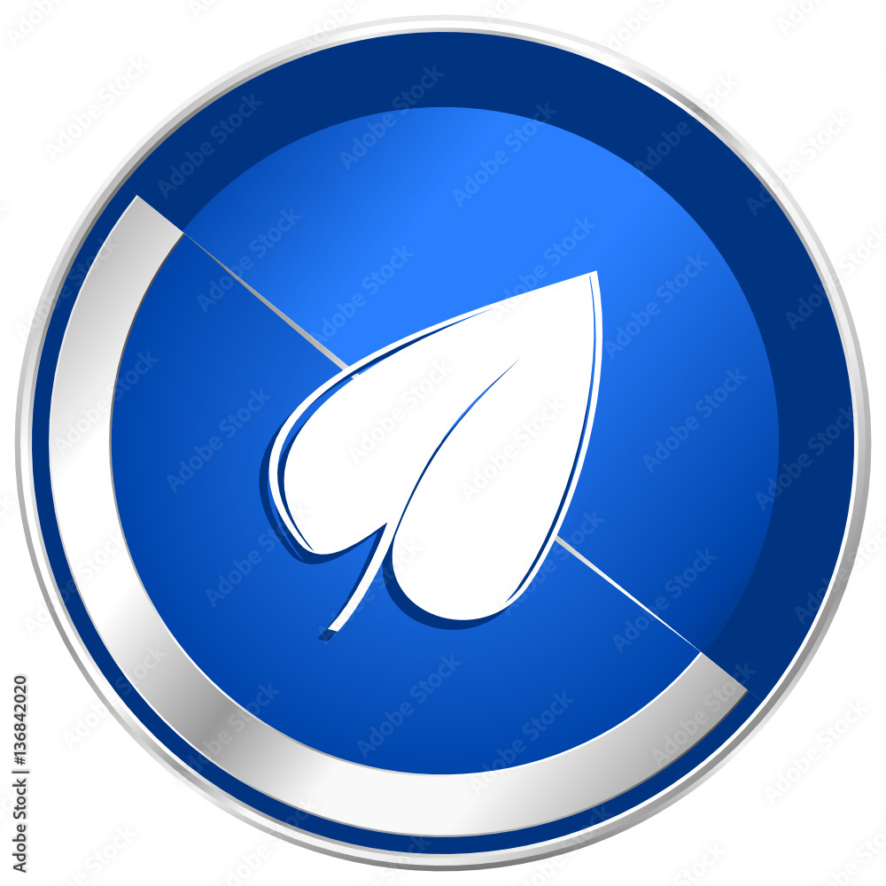 Aufkleber leaf blue vector web icon. metal shine silver chrome border round button isolated on white backgroun