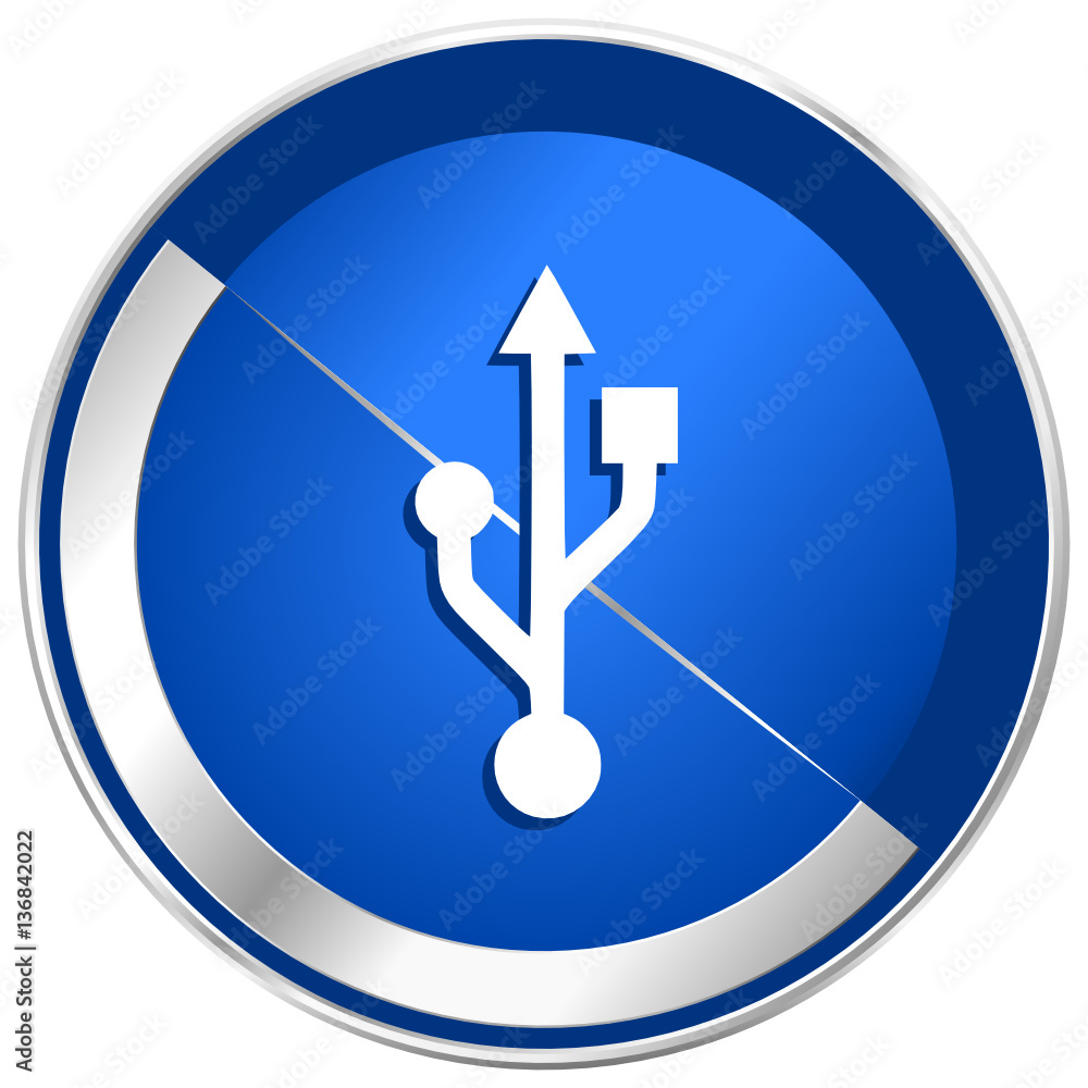 Aufkleber Usb blue vector web icon. Metal shine silver chrome border round button isolated on white background. Circle modern design abstract sign for smartphone applications.