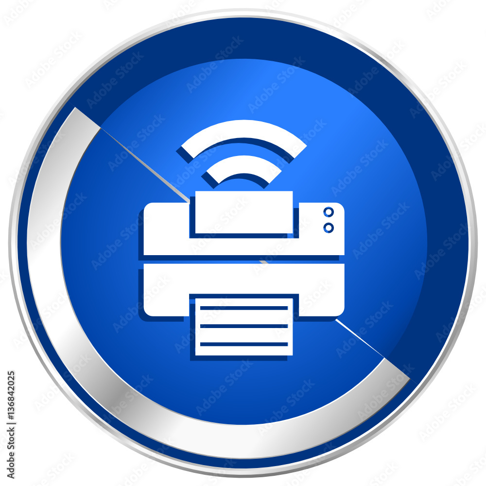 Poster Printer blue vector web icon. Metal shine silver chrome border round button isolated on white background. Circle modern design abstract sign for smartphone applications.