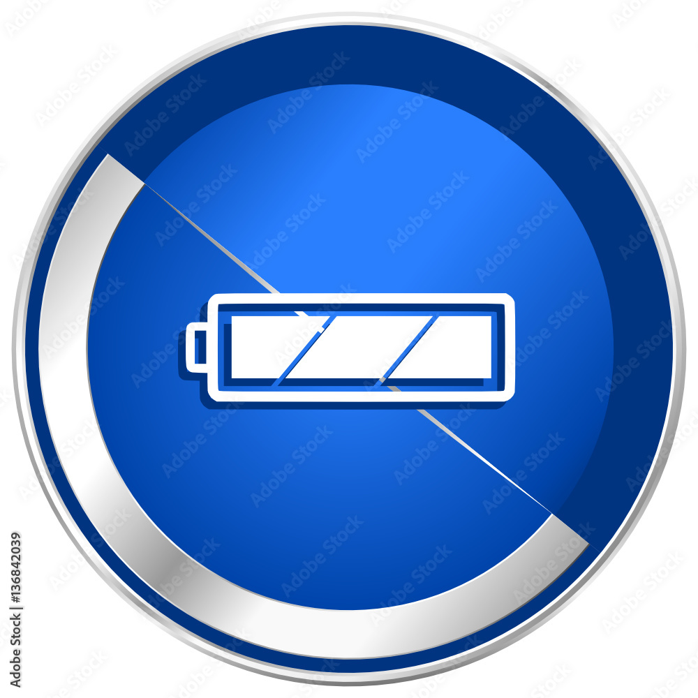 Poster battery silver metallic chrome border web and mobile phone vector blue icon isolated on white bacgro