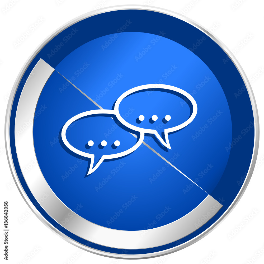 Poster forum blue vector web icon. metal shine silver chrome border round button isolated on white backgrou