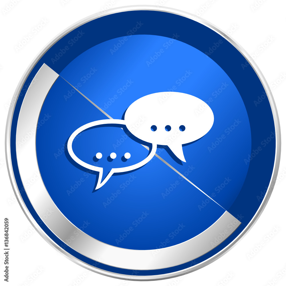Poster Forum blue vector web icon. Metal shine silver chrome border round button isolated on white background. Circle modern design abstract sign for smartphone applications.