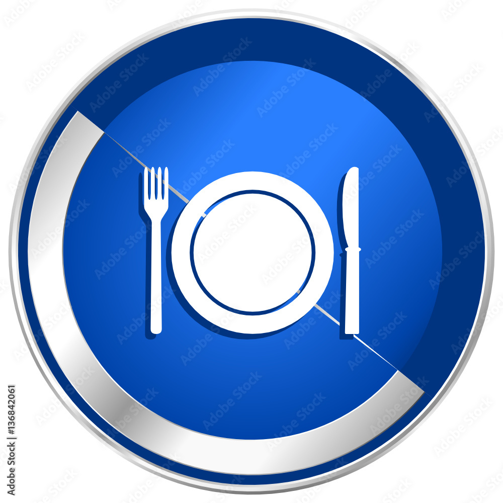 Poster restaurant blue vector web icon. metal shine silver chrome border round button isolated on white bac
