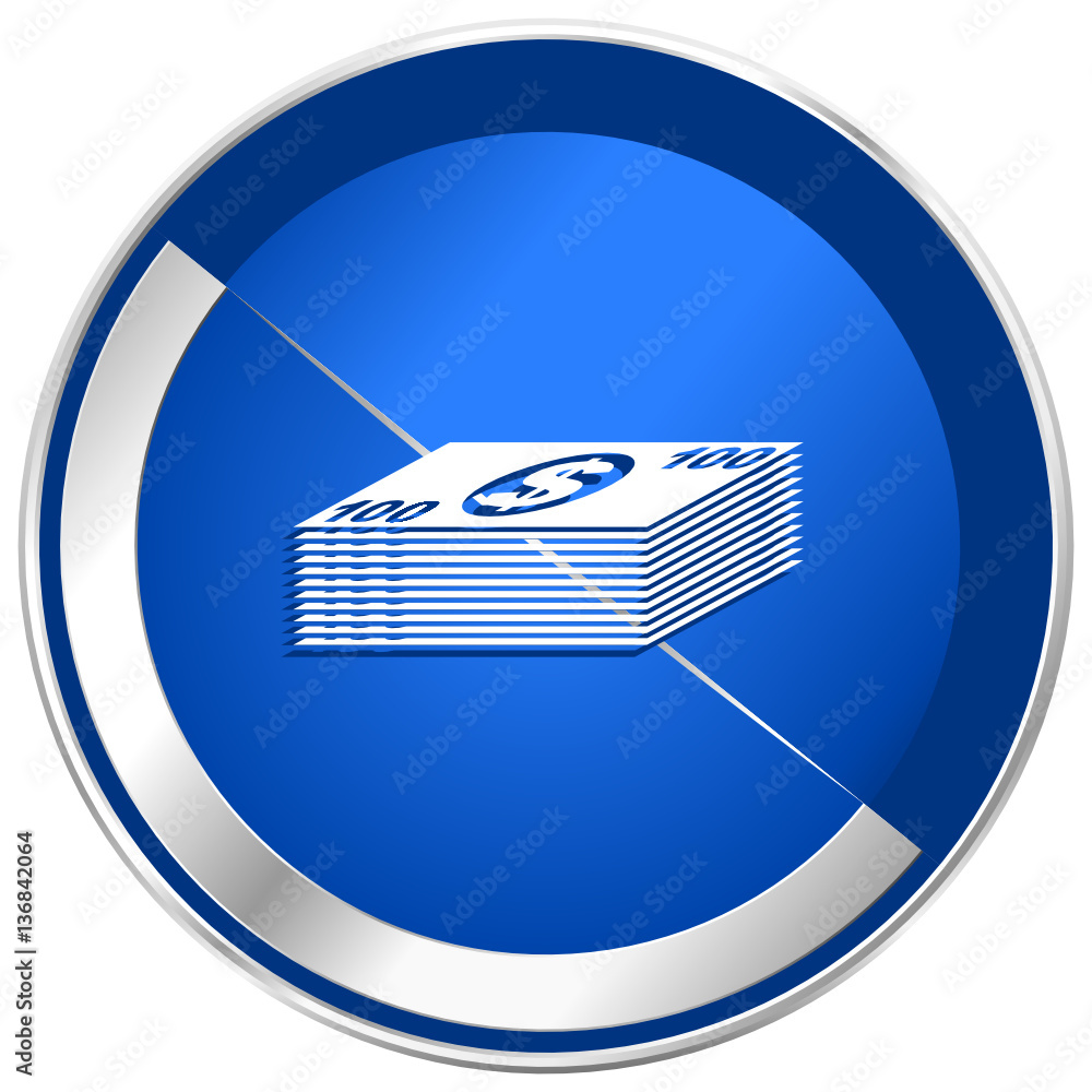 Poster money blue vector web icon. metal shine silver chrome border round button isolated on white backgrou