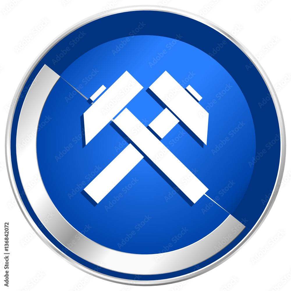 Poster mining blue vector web icon. metal shine silver chrome border round button isolated on white backgro