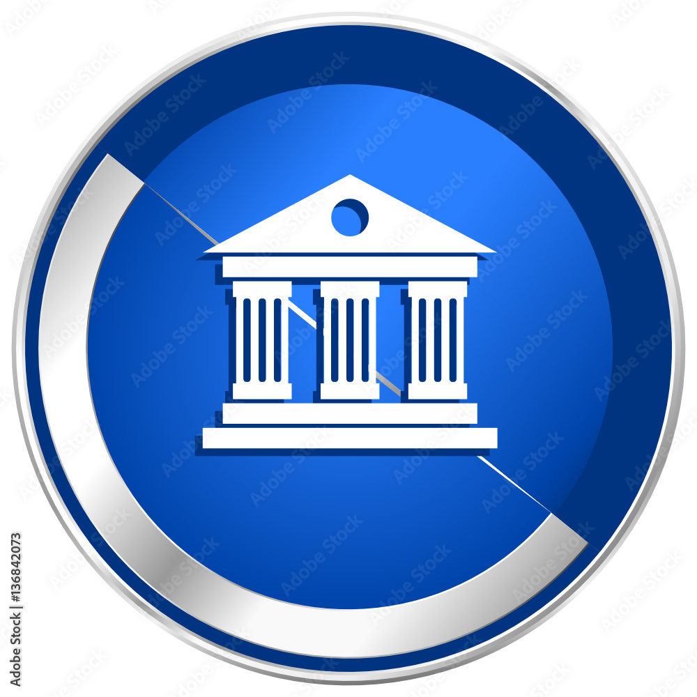 Poster Museum blue vector web icon. Metal shine silver chrome border round button isolated on white background. Circle modern design abstract sign for smartphone applications.