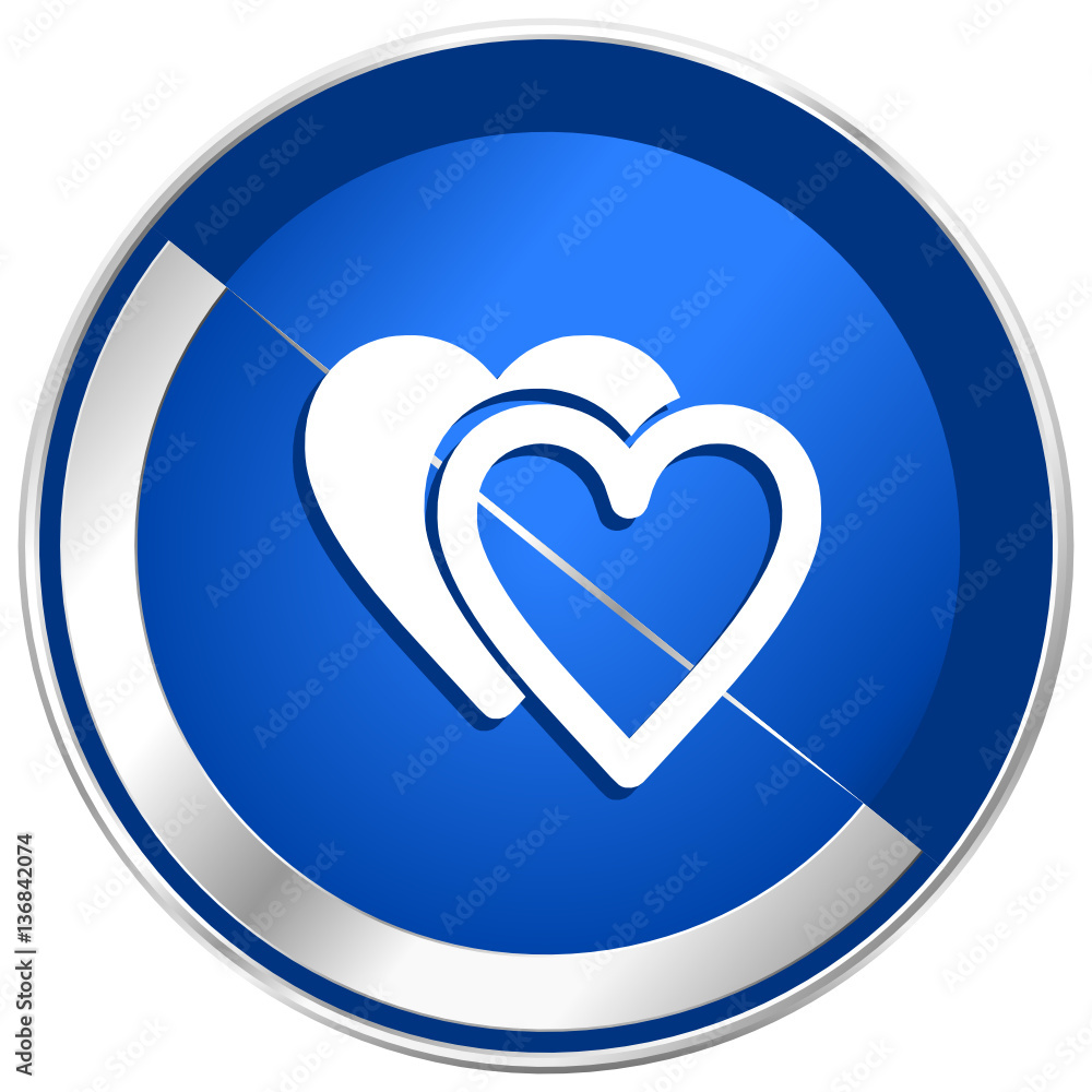 Poster love blue vector web icon. metal shine silver chrome border round button isolated on white backgroun
