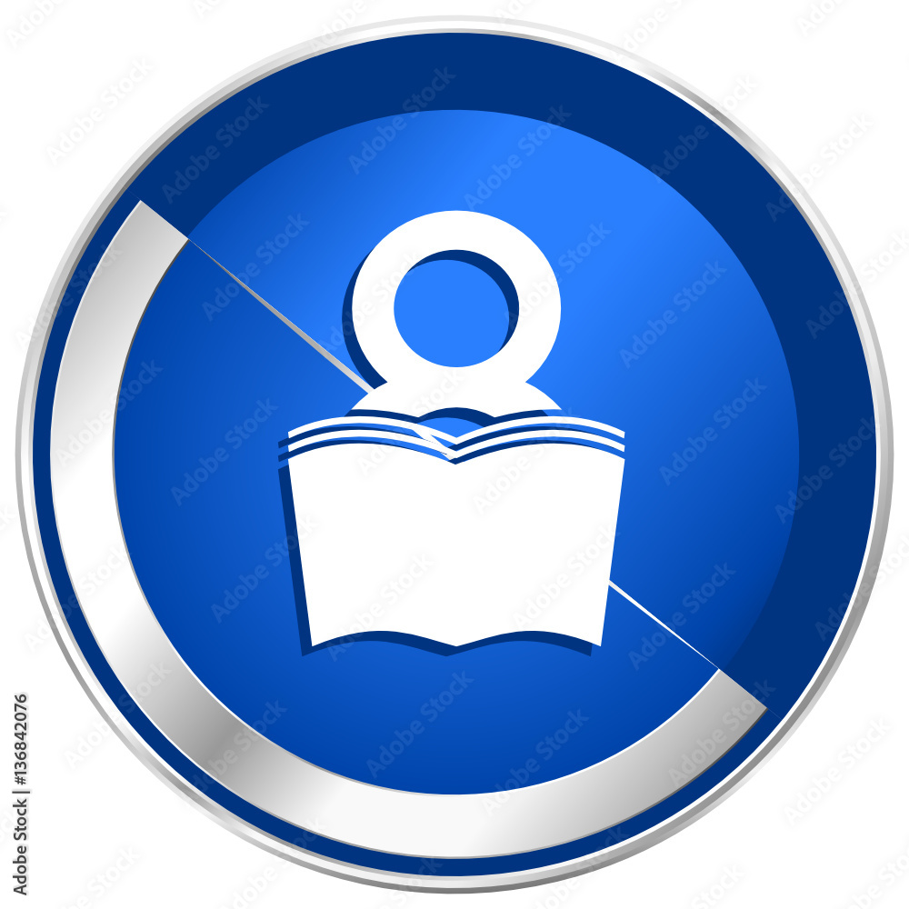 Poster book blue vector web icon. metal shine silver chrome border round button isolated on white backgroun