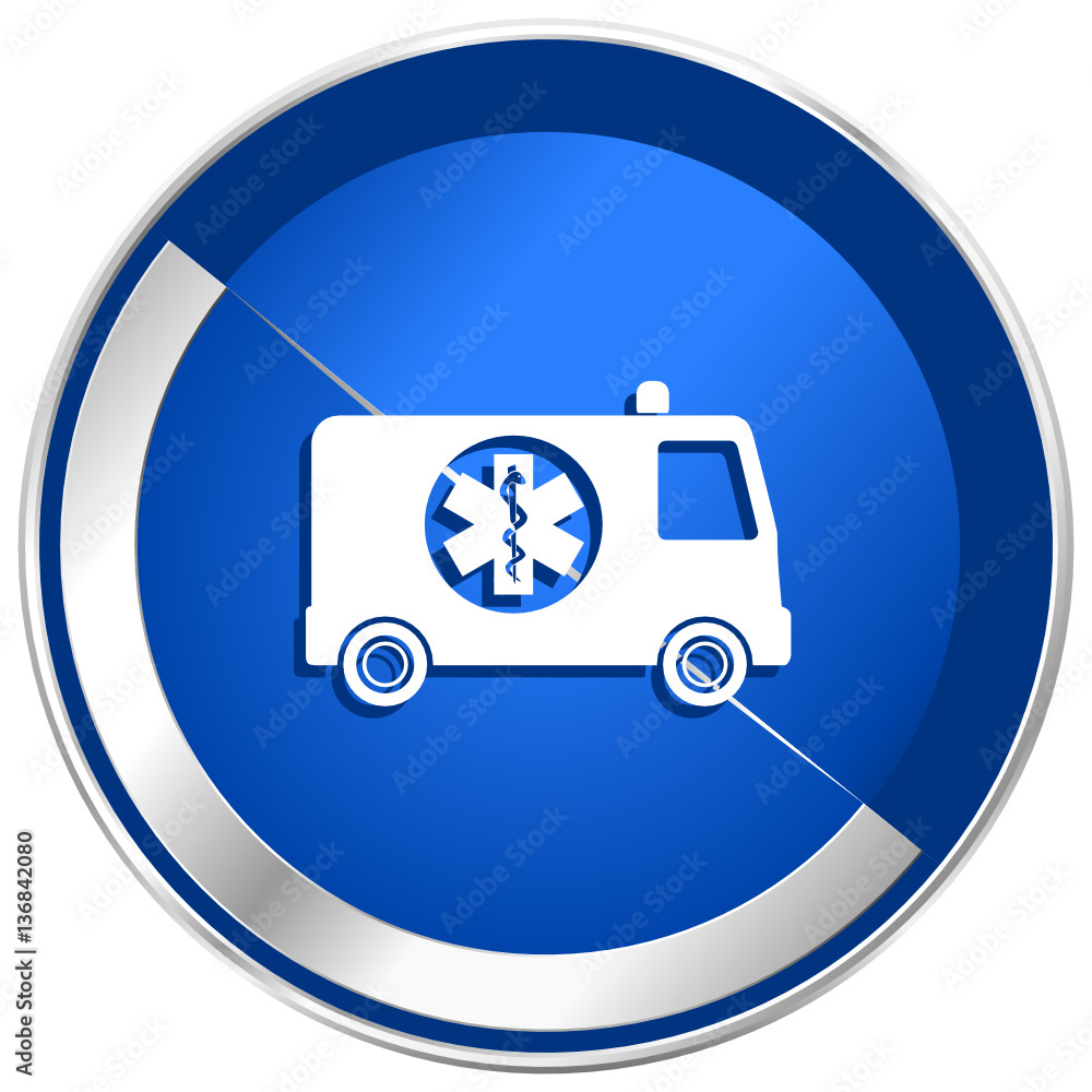 Poster ambulance blue vector web icon. metal shine silver chrome border round button isolated on white back