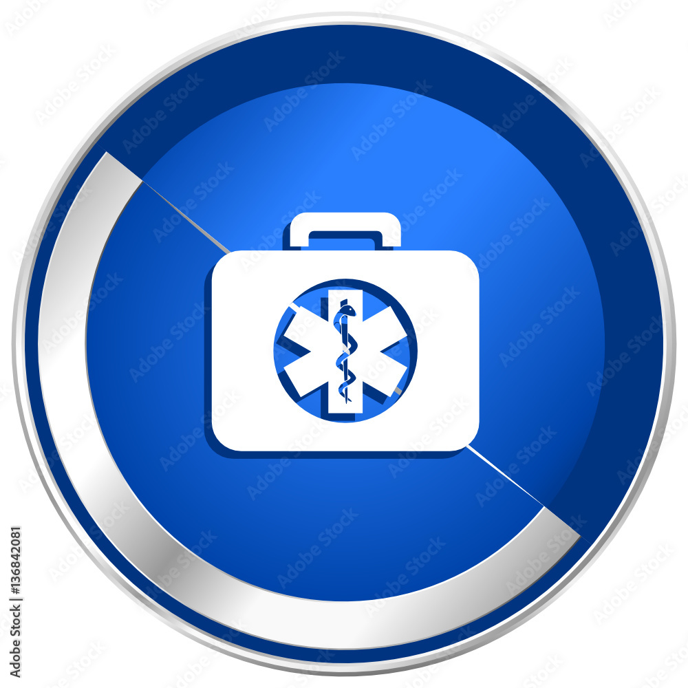 Poster first aid kit blue vector web icon. metal shine silver chrome border round button isolated on white 