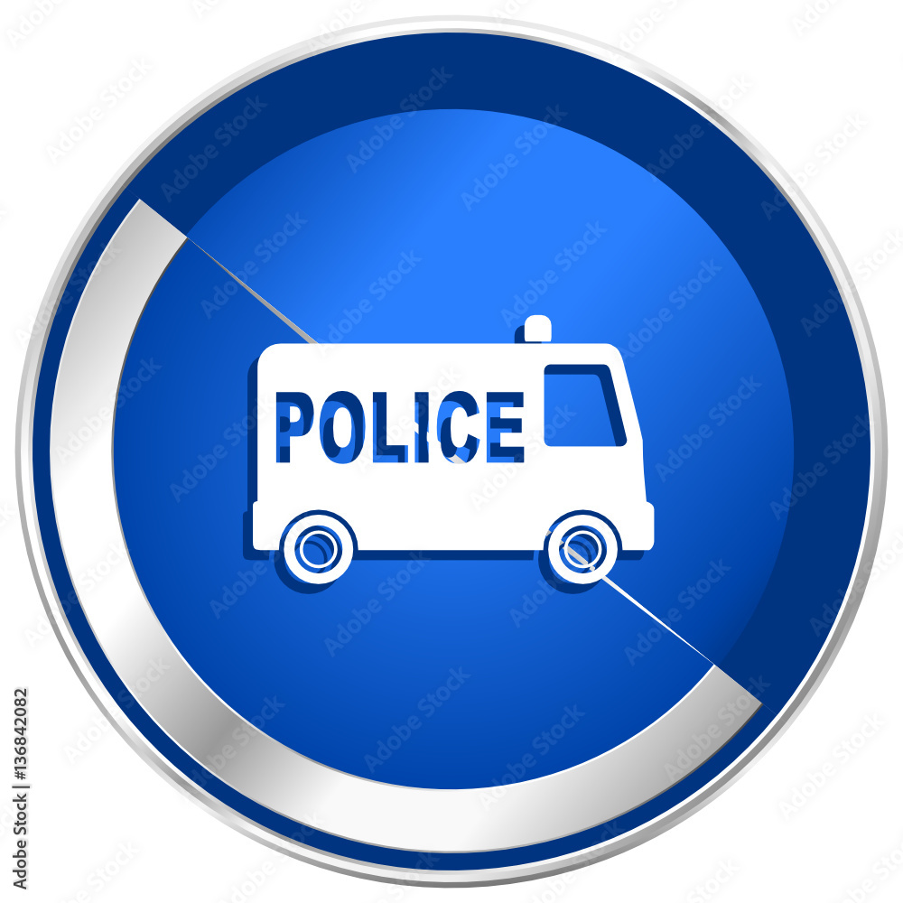 Poster police patrol blue vector web icon. metal shine silver chrome border round button isolated on white 