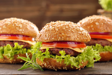 Hamburger with beef meat and fresh vegetables