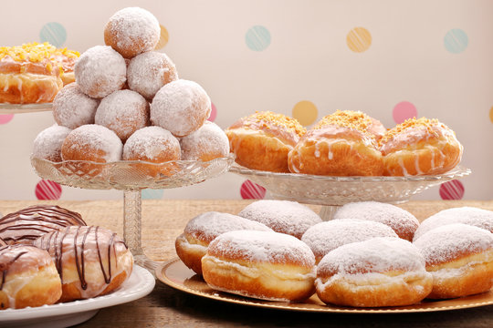 Many different types of donuts cakes on Fat Thursday