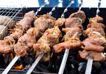 Shashlik (meaning skewered meat) was originally made of lamb. Nowadays it is also made of pork or beef depending on local preferences and religious observances. Russia, January, 2017