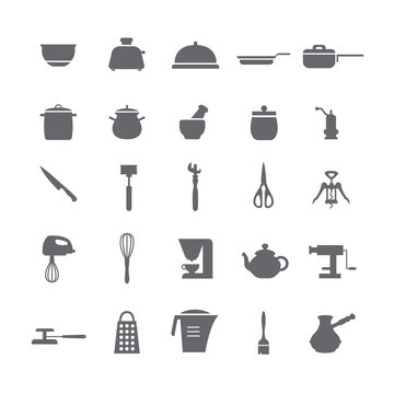 Dark icons with kitchen appliances.
