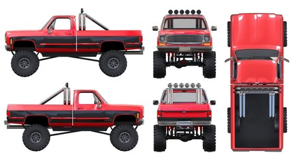 large pickup truck off-road. Full - training. Highly raised suspension. Huge wheels with spikes for rocks and mud. 3d illustration. - obrazy, fototapety, plakaty