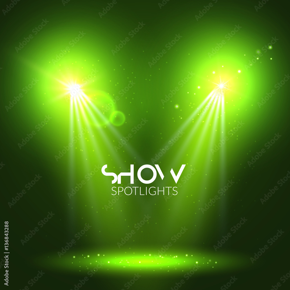 Poster spotlights empty scene. illuminated stage design. show background with lights special effect