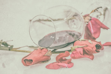Roses wilt Haggard with wine glass on Vintage still life Style