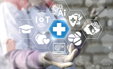 Medicine cross, IT, IoT, AI, big data integration and automation computing health care web concept....