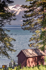 Lake Tahoe view with snowy mountains background