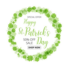  St. Patrick's Day special offer sale text  badge with green  clover leaves  background