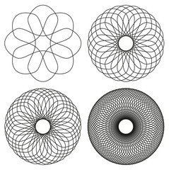 Collection of 4 black line spirograph abstract elements - 4 different geometric ornaments flower like, symmetry, isolated on white - 136844455
