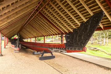 Boathouse with waka (canoe), Waitangi, New Zealand