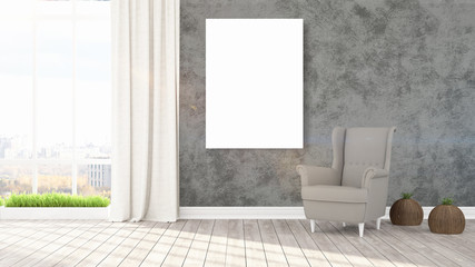 Naklejka na ściany i meble Modern bright interior with empty frame . 3D rendering