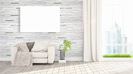 Modern bright interior with empty frame . 3D rendering