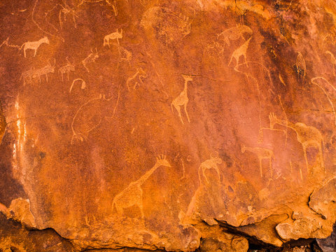 Bushman engravings in the granite rock, Twyfelfontein UNESCO World Heritage Site, Kunene Region, Damaraland, Namibia, Africa.