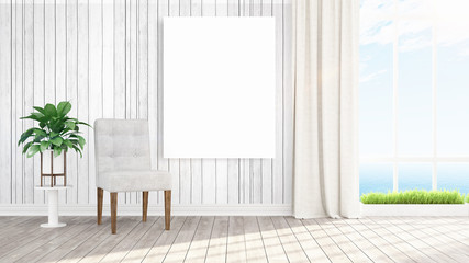 Modern bright interior with empty frame . 3D rendering