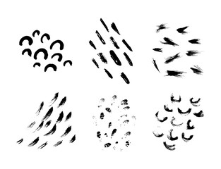Set of hand drawn design elements. Vector collection of black ink textures and brush strokes. Collection for your design, semirings, brush strokes, dashes, arches. Freehand drawing.