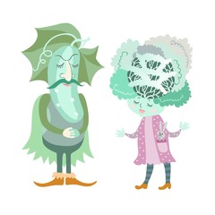 Cucumber and cabbage on white background. Greeting card with cute cartoon vegetables. Vector illustration.