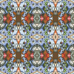 Ethnic seamless tribal pattern. Print for fabric with stylized berries,leaves and flowers. Vector illustration.
