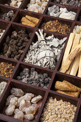 Various kinds of incense: myrrh, frankincense, messer, copaiba, elemi camonya, palo santo, salvia apiana,gowe -thiouraye, borena